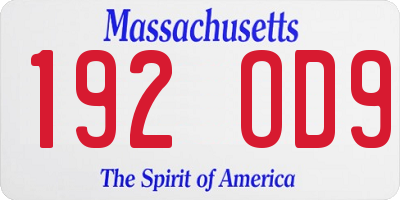 MA license plate 192OD9