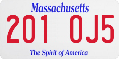 MA license plate 201OJ5