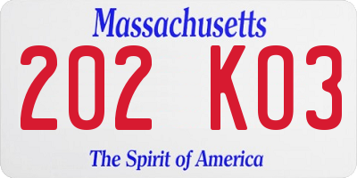 MA license plate 202KO3