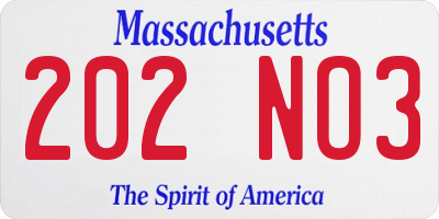 MA license plate 202NO3