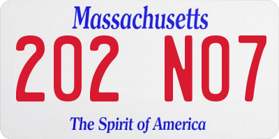 MA license plate 202NO7