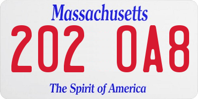 MA license plate 202OA8