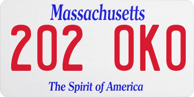 MA license plate 202OK0