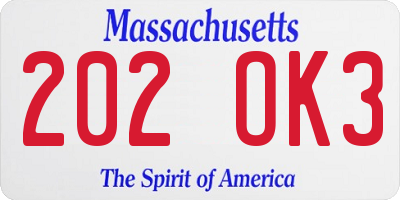 MA license plate 202OK3