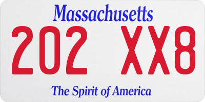 MA license plate 202XX8