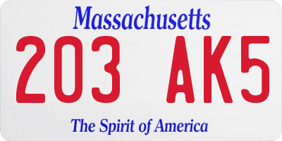 MA license plate 203AK5