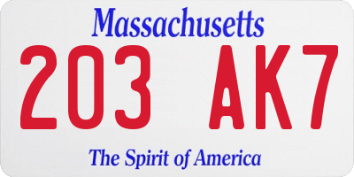 MA license plate 203AK7