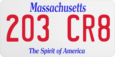 MA license plate 203CR8