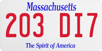 MA license plate 203DI7