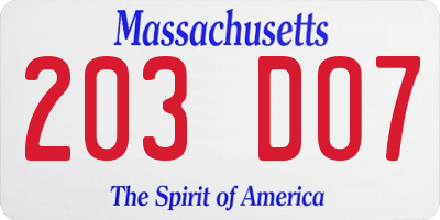MA license plate 203DO7