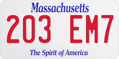 MA license plate 203EM7