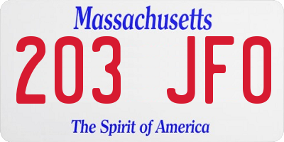 MA license plate 203JF0