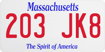 MA license plate 203JK8