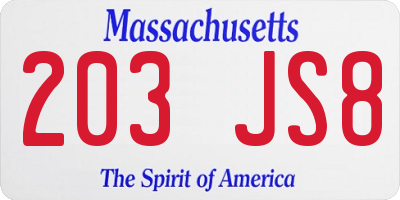 MA license plate 203JS8