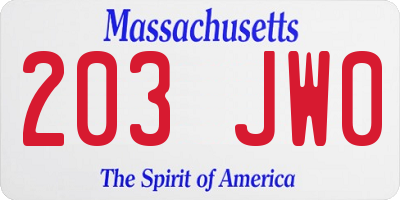 MA license plate 203JW0
