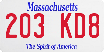 MA license plate 203KD8