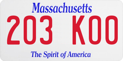 MA license plate 203KO0