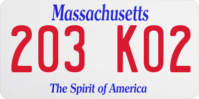 MA license plate 203KO2