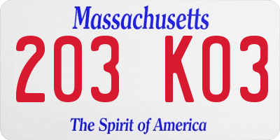 MA license plate 203KO3
