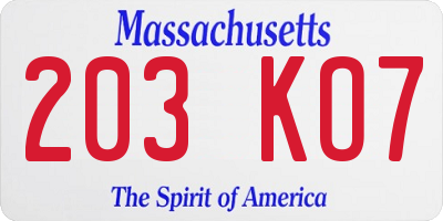 MA license plate 203KO7