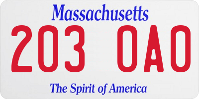 MA license plate 203OA0