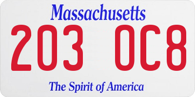 MA license plate 203OC8