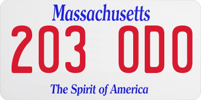 MA license plate 203OD0
