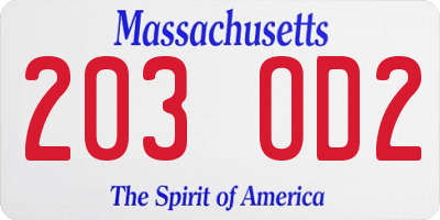 MA license plate 203OD2
