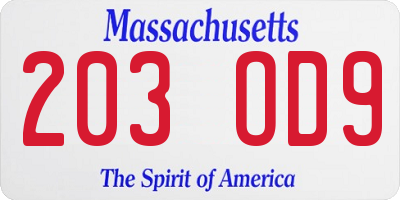 MA license plate 203OD9