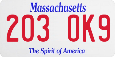 MA license plate 203OK9