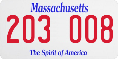 MA license plate 203OO8