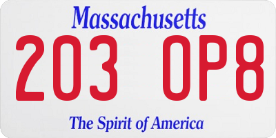MA license plate 203OP8