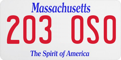 MA license plate 203OS0