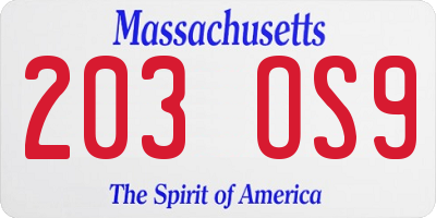 MA license plate 203OS9