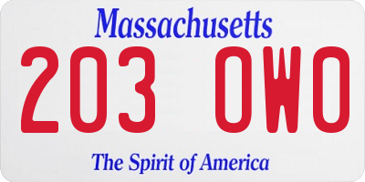 MA license plate 203OW0