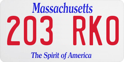 MA license plate 203RK0