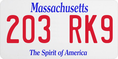 MA license plate 203RK9