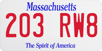 MA license plate 203RW8