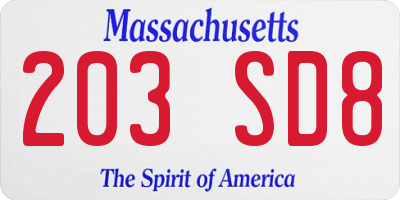 MA license plate 203SD8