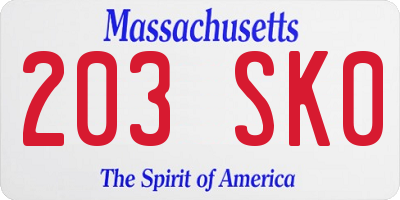 MA license plate 203SK0