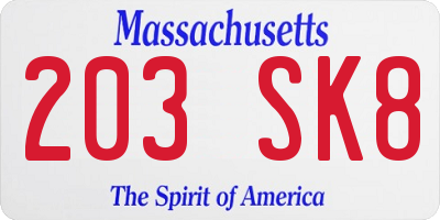 MA license plate 203SK8