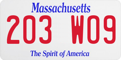 MA license plate 203WO9