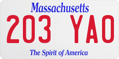 MA license plate 203YA0