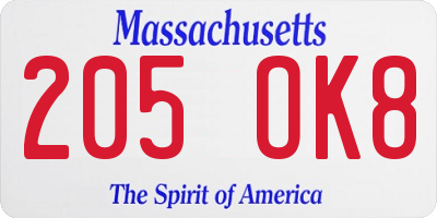 MA license plate 205OK8