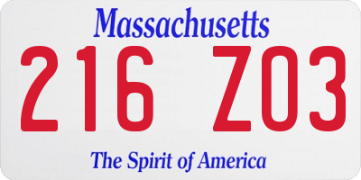 MA license plate 216ZO3