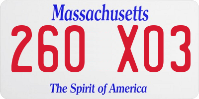 MA license plate 260XO3