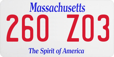 MA license plate 260ZO3