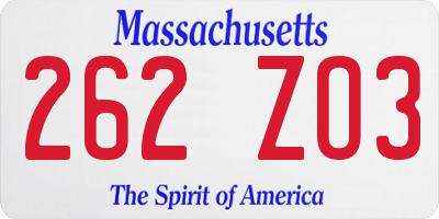 MA license plate 262ZO3