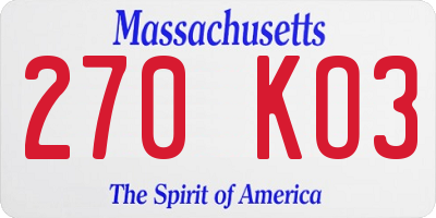 MA license plate 270KO3