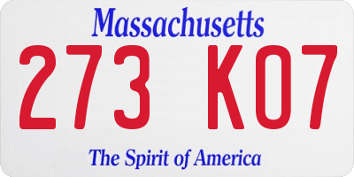 MA license plate 273KO7